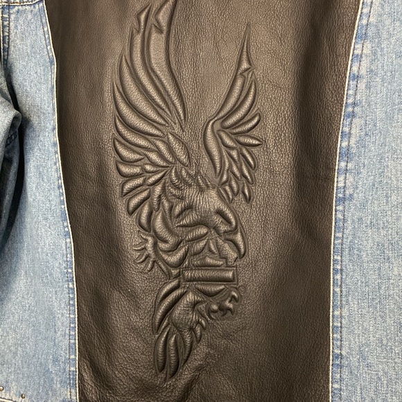Vintage Harley-Davidson XL Women’s Jean Jacket Leather Back Panel Biker Moto - Picture 8 of 9